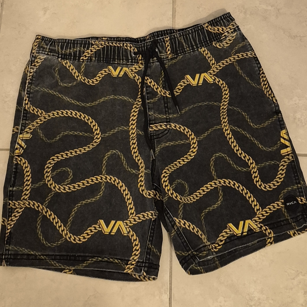 RVCA Men's Black and Yellow Rope Pattern Shorts